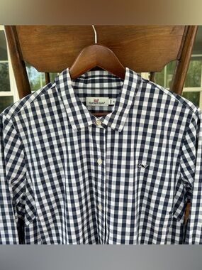 Vineyard Vines Women’s Shirt Navy Blue White Plaid Ling Sleeve Button Up Sz 16